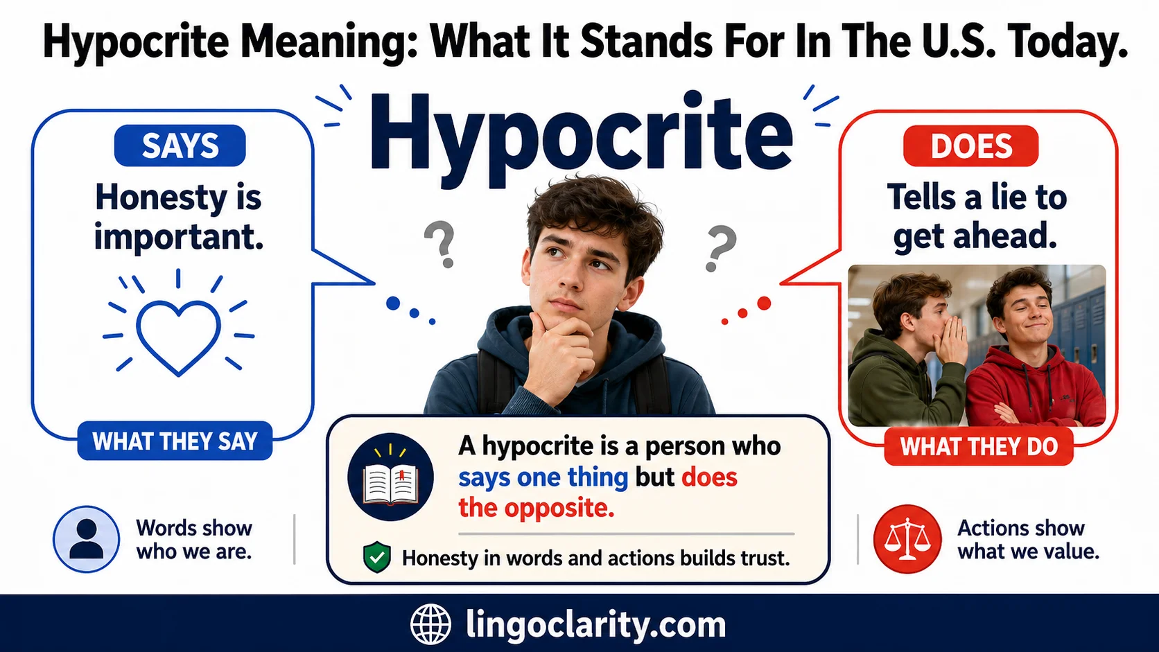 Student comparing what someone says with what they do to understand hypocrite meaning.