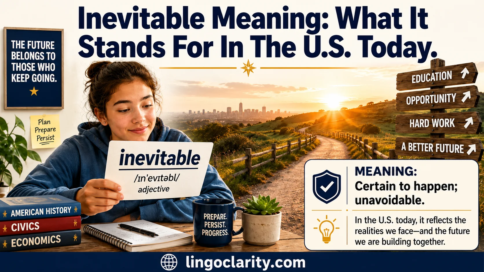 Student learning the word inevitable with a path showing a certain outcome.