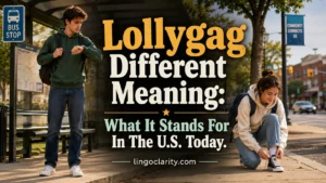 Student waiting while a friend delays at a bus stop, showing the meaning of lollygag.