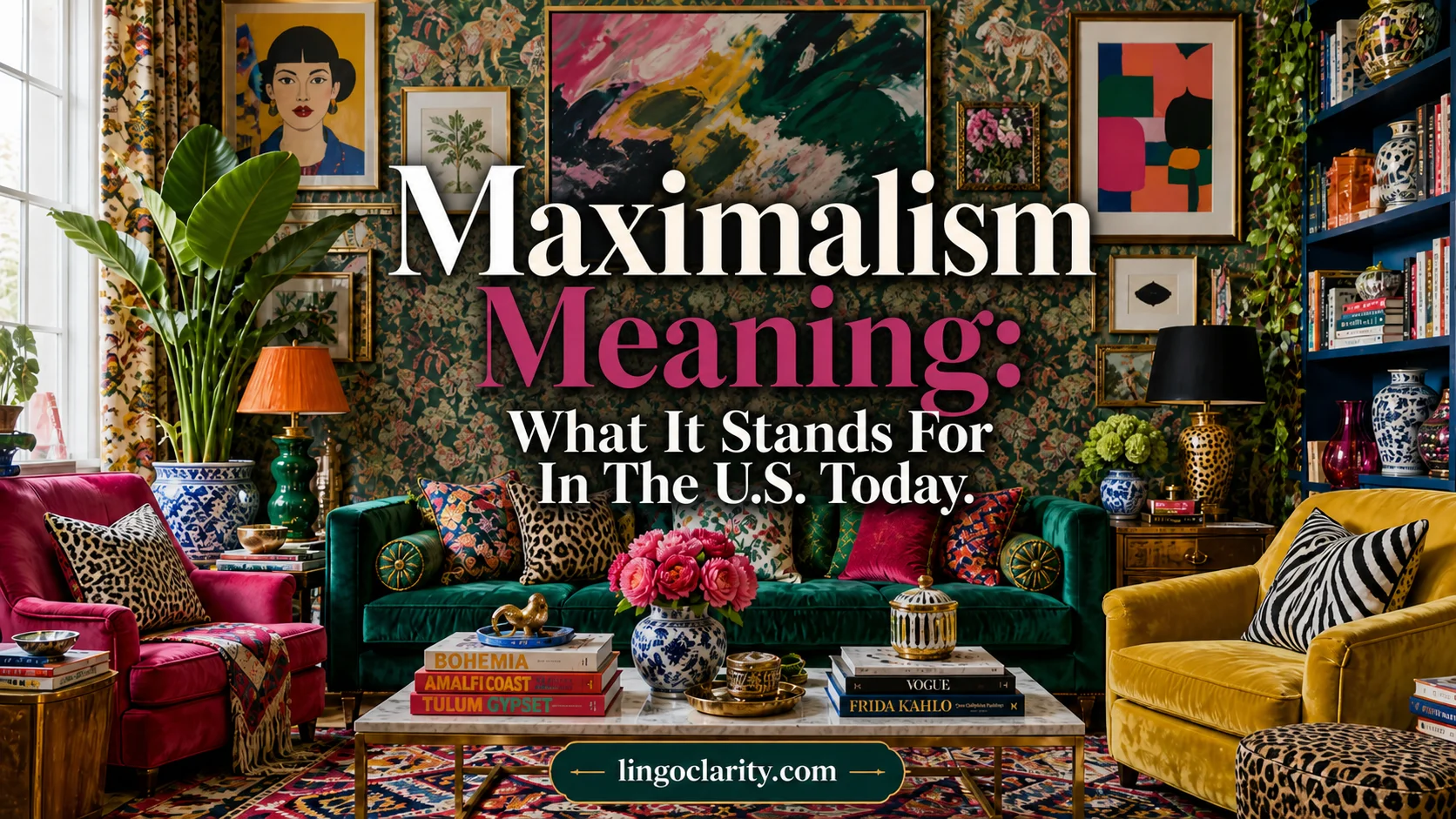 Colorful room with layered patterns and bold decor showing maximalism.