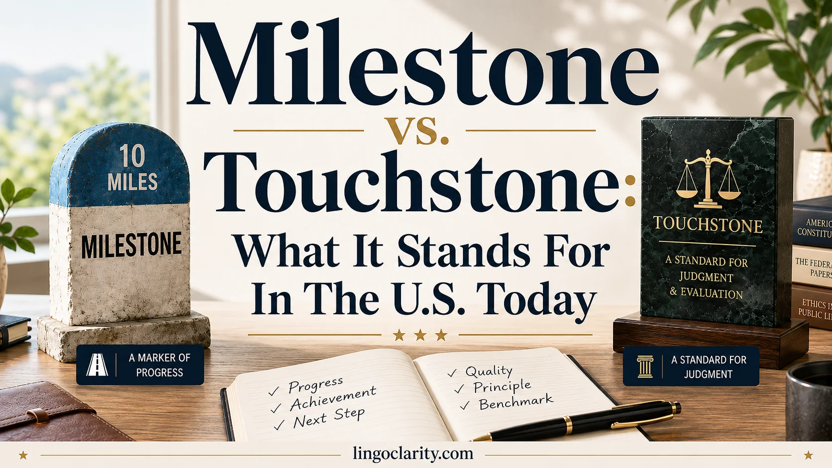 Milestone and touchstone comparison showing a progress marker and a standard for judgment.