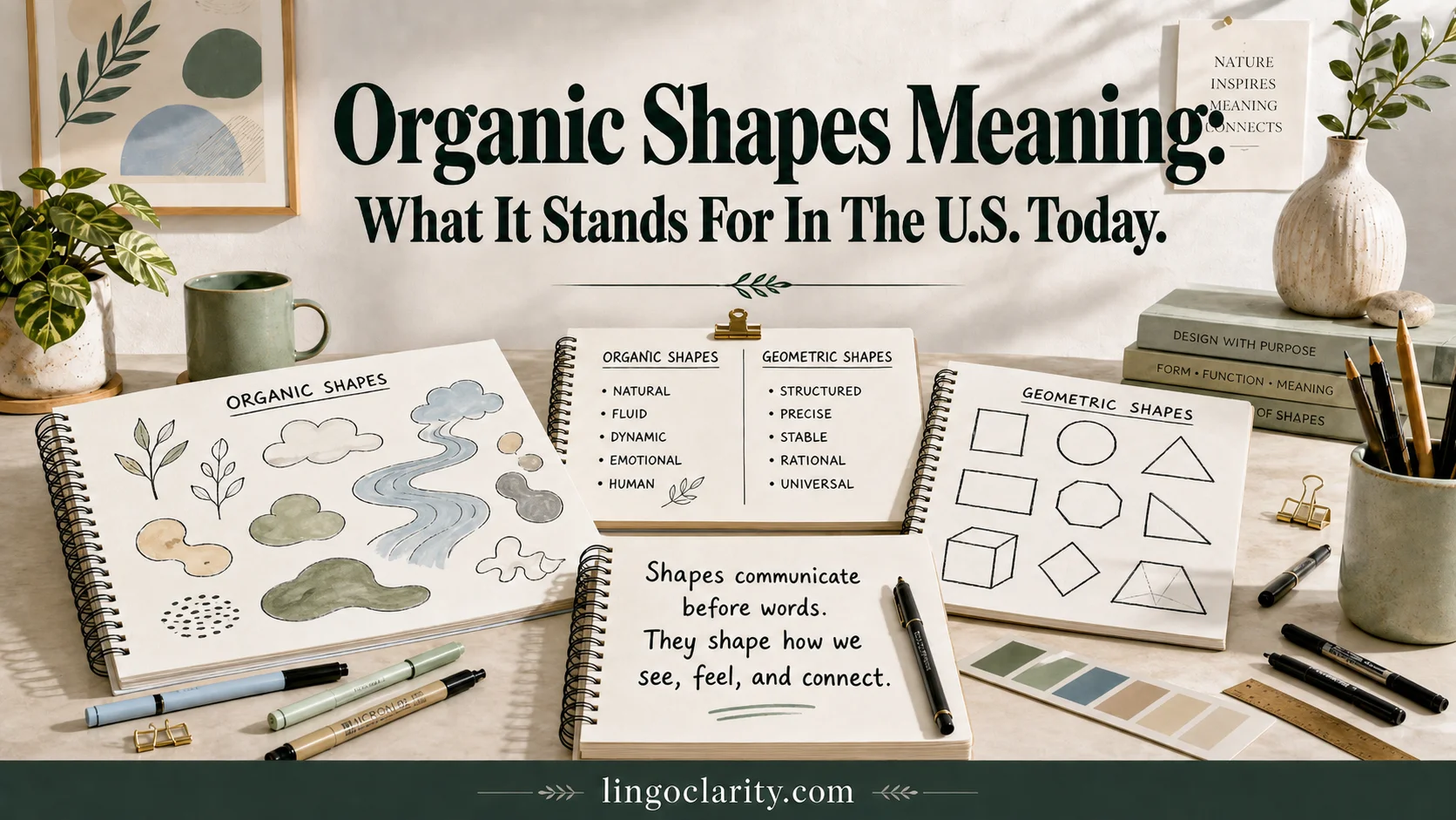 Hand-drawn organic shapes beside geometric shapes on an art desk.