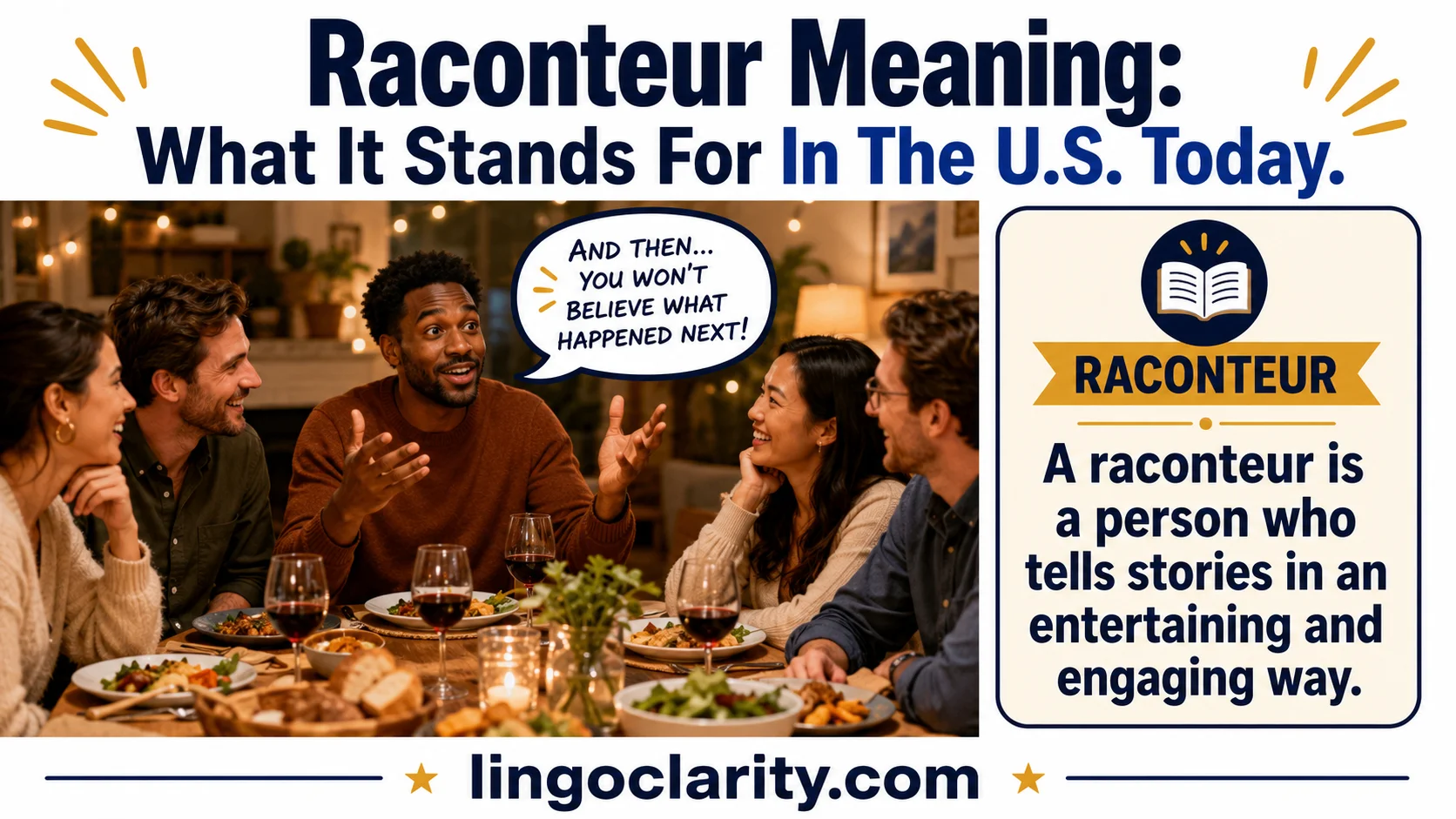 Person telling an engaging story to friends at a table