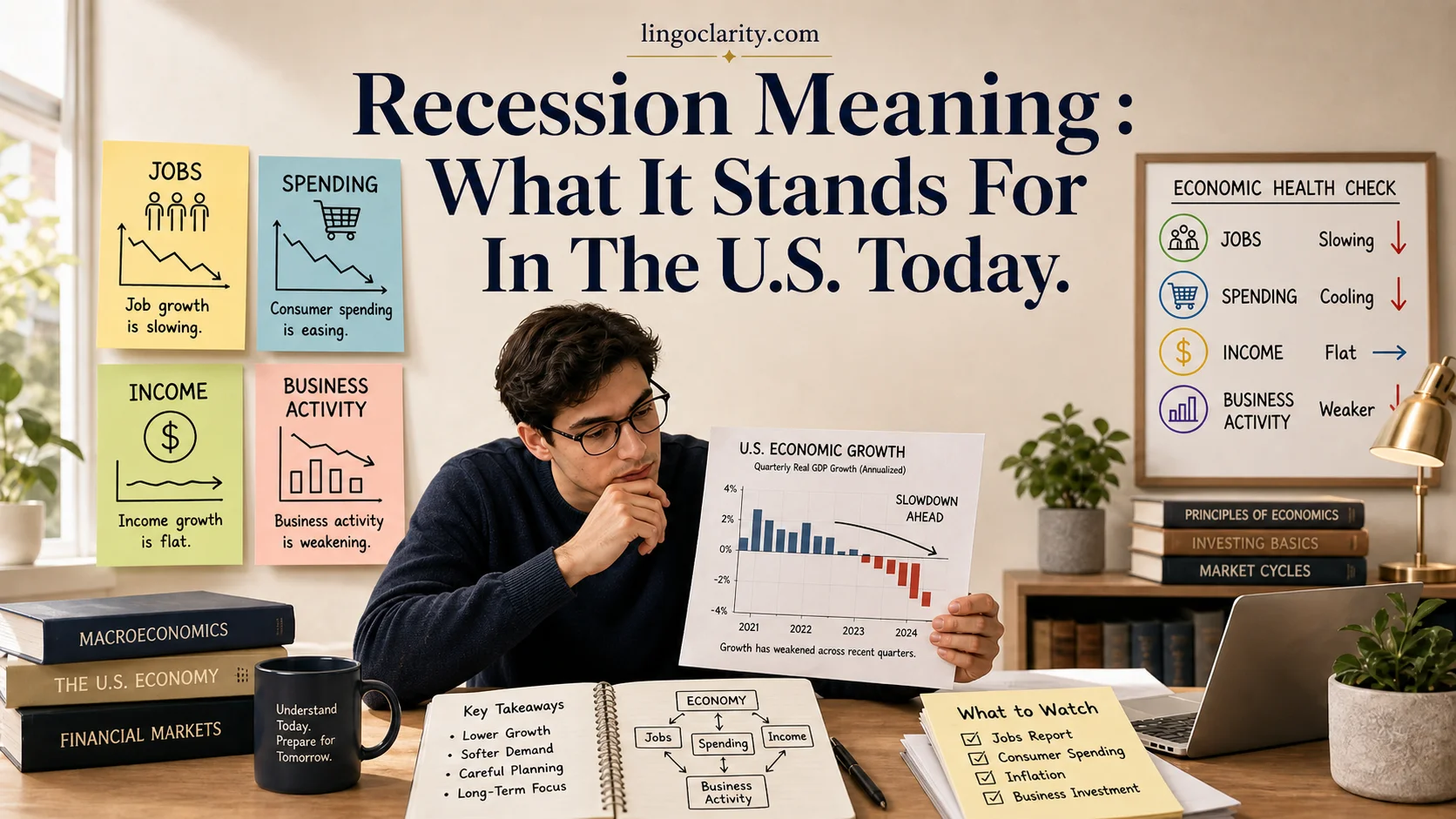 Student learning the meaning of recession with a simple economy chart.