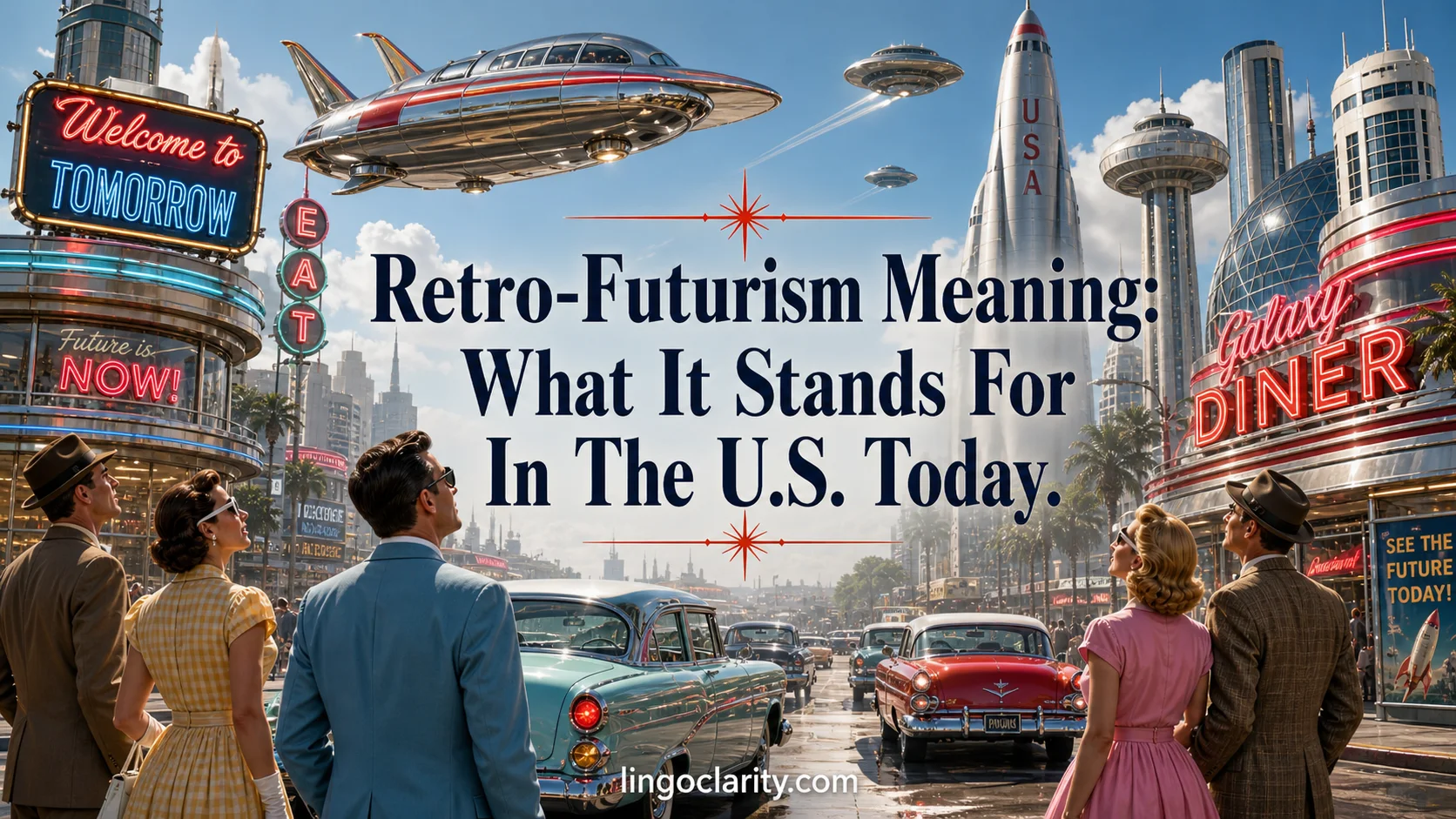 Retro-style city scene showing rockets, round cars, and a bright imagined future.