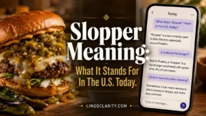Slopper Different Meaning shown through a chile-covered burger and an AI chat screen.