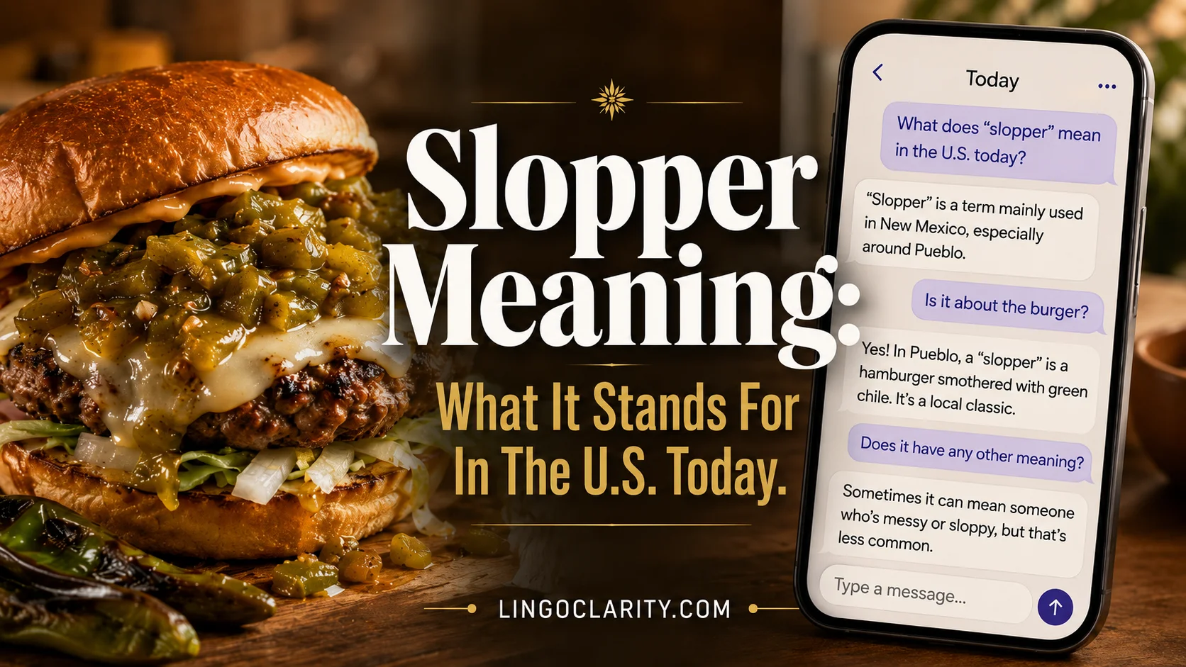 Slopper Different Meaning shown through a chile-covered burger and an AI chat screen.