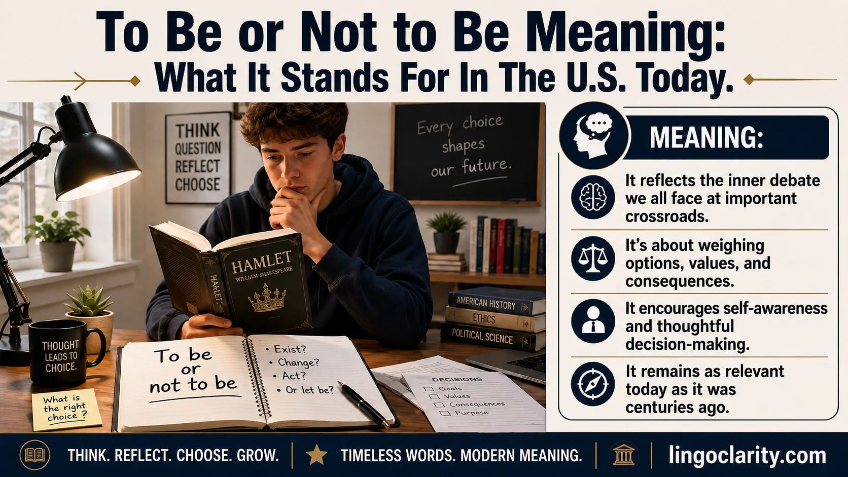 Student reading Hamlet and thinking about the phrase To be or not to be.