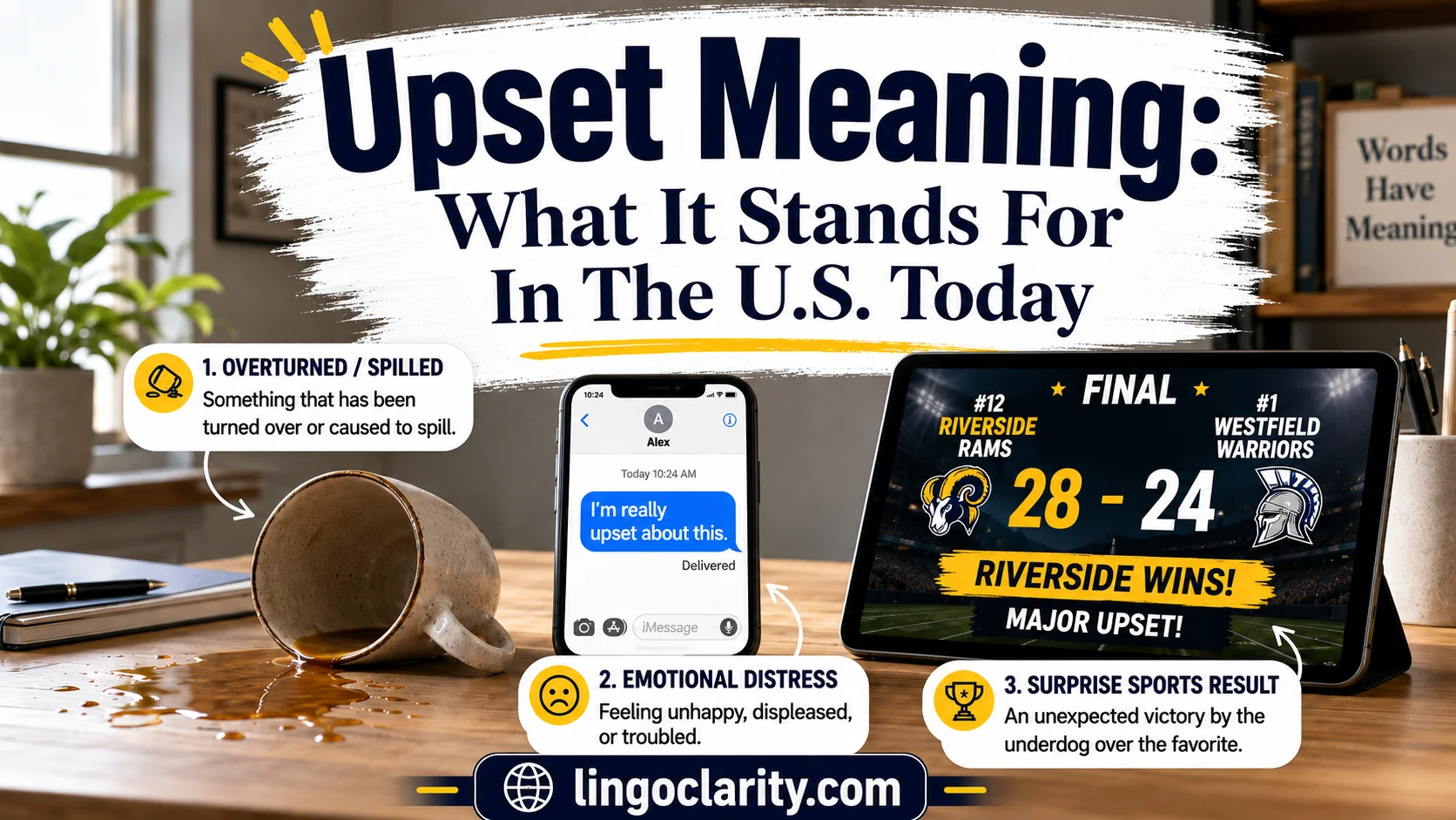 Visual examples of the word upset in emotional, physical, and sports contexts.