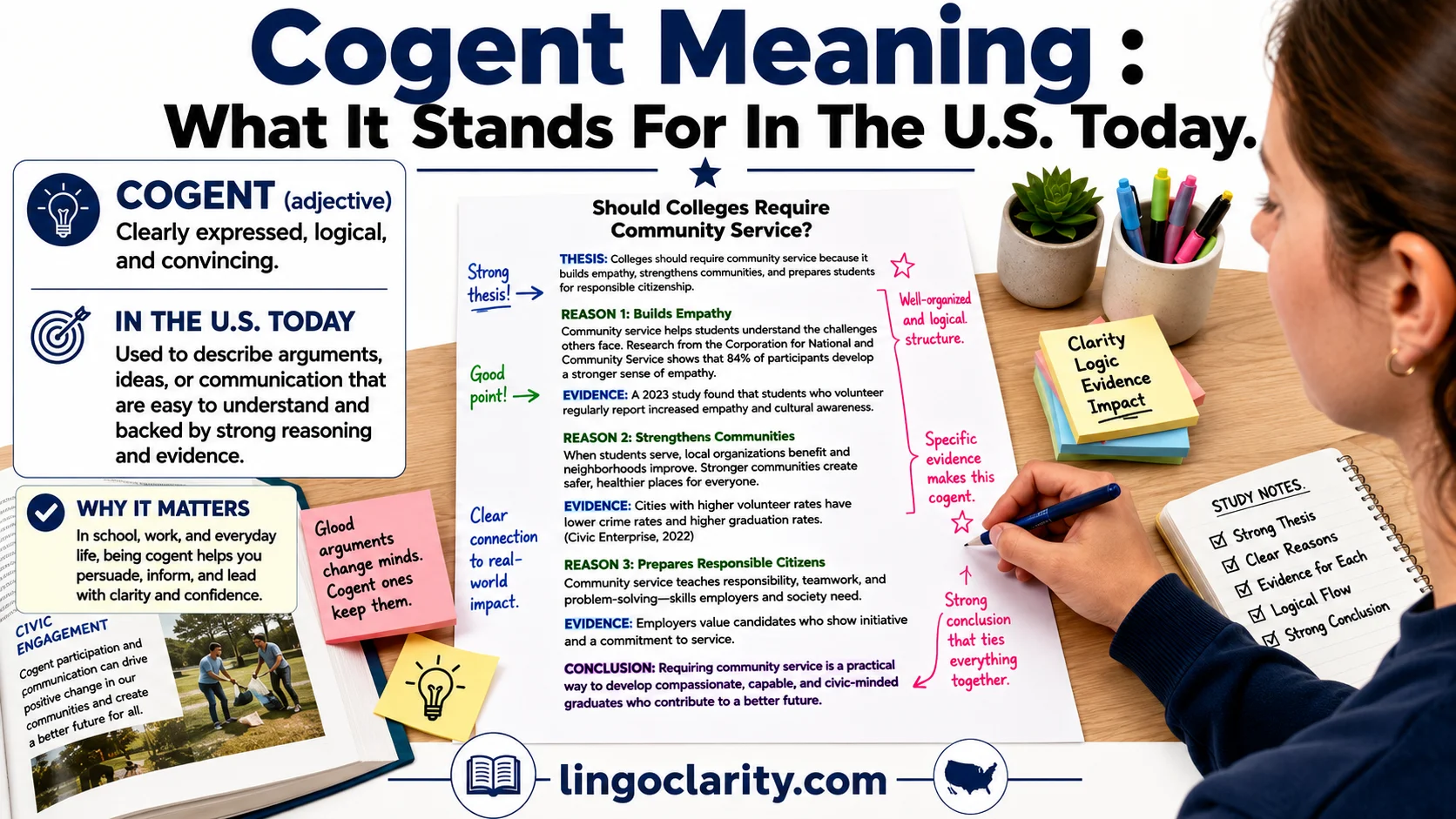 Student reviewing a clear written argument to understand the meaning of cogent.