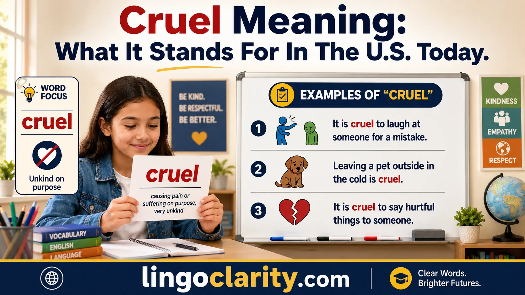 Student learning the meaning of cruel with simple English examples.