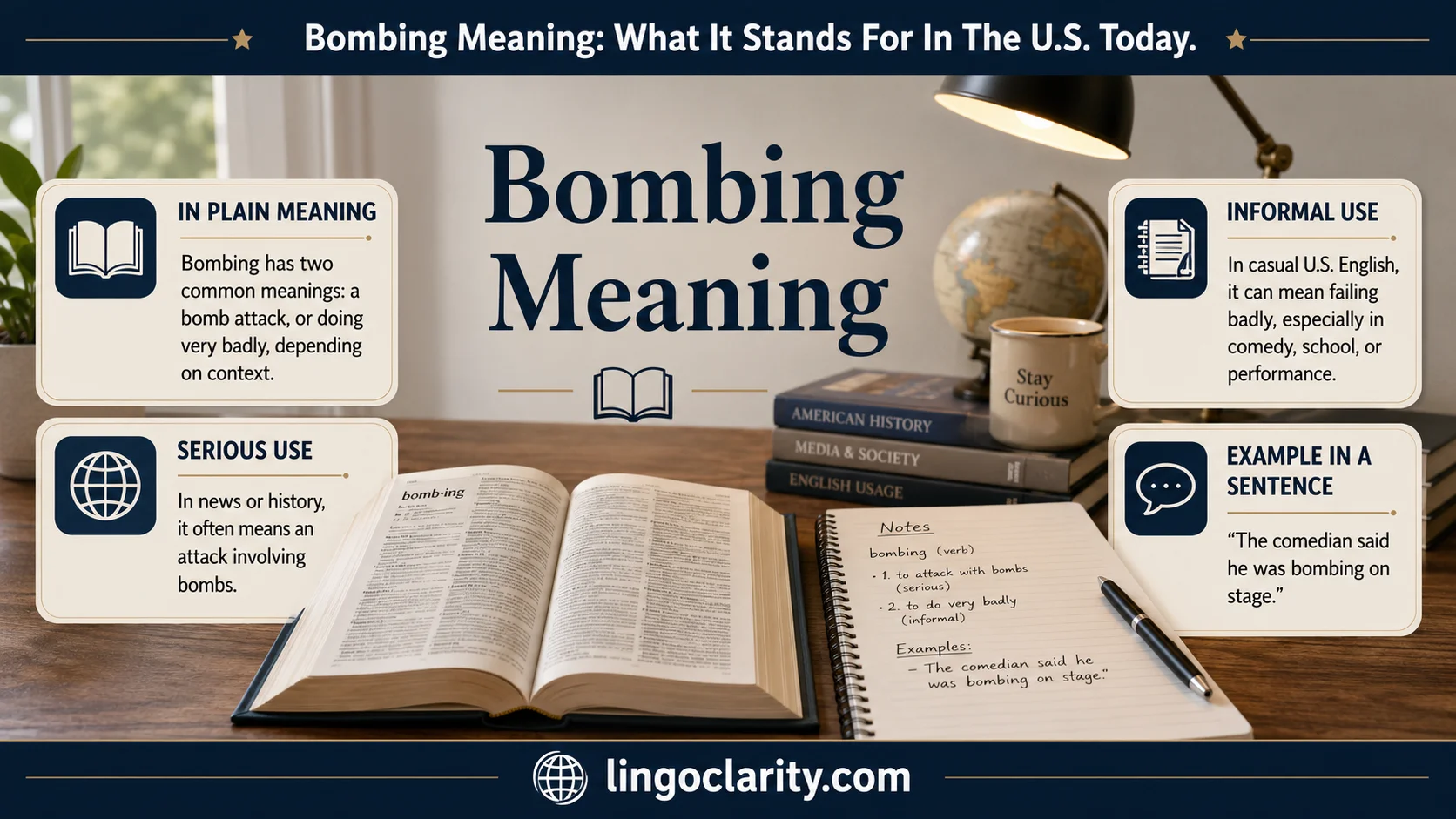 Vocabulary graphic explaining bombing meaning with an open dictionary and example notes.