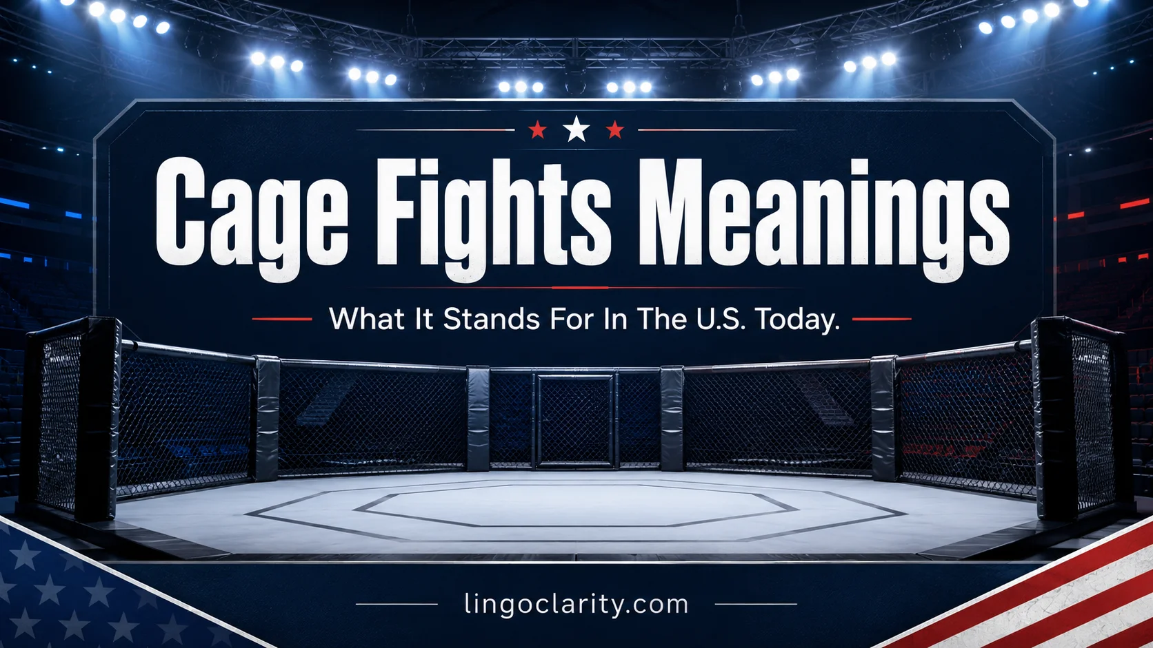 Cage fights meanings vocabulary graphic with an empty MMA cage and bold title text.