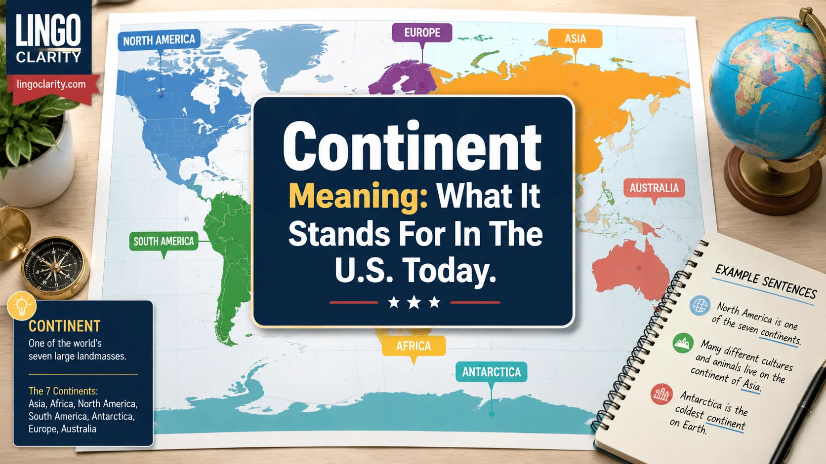 World map and globe explaining the meaning of continent with simple geography labels and examples.