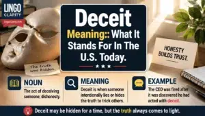 Torn mask and hidden note showing the meaning of deceit in English.