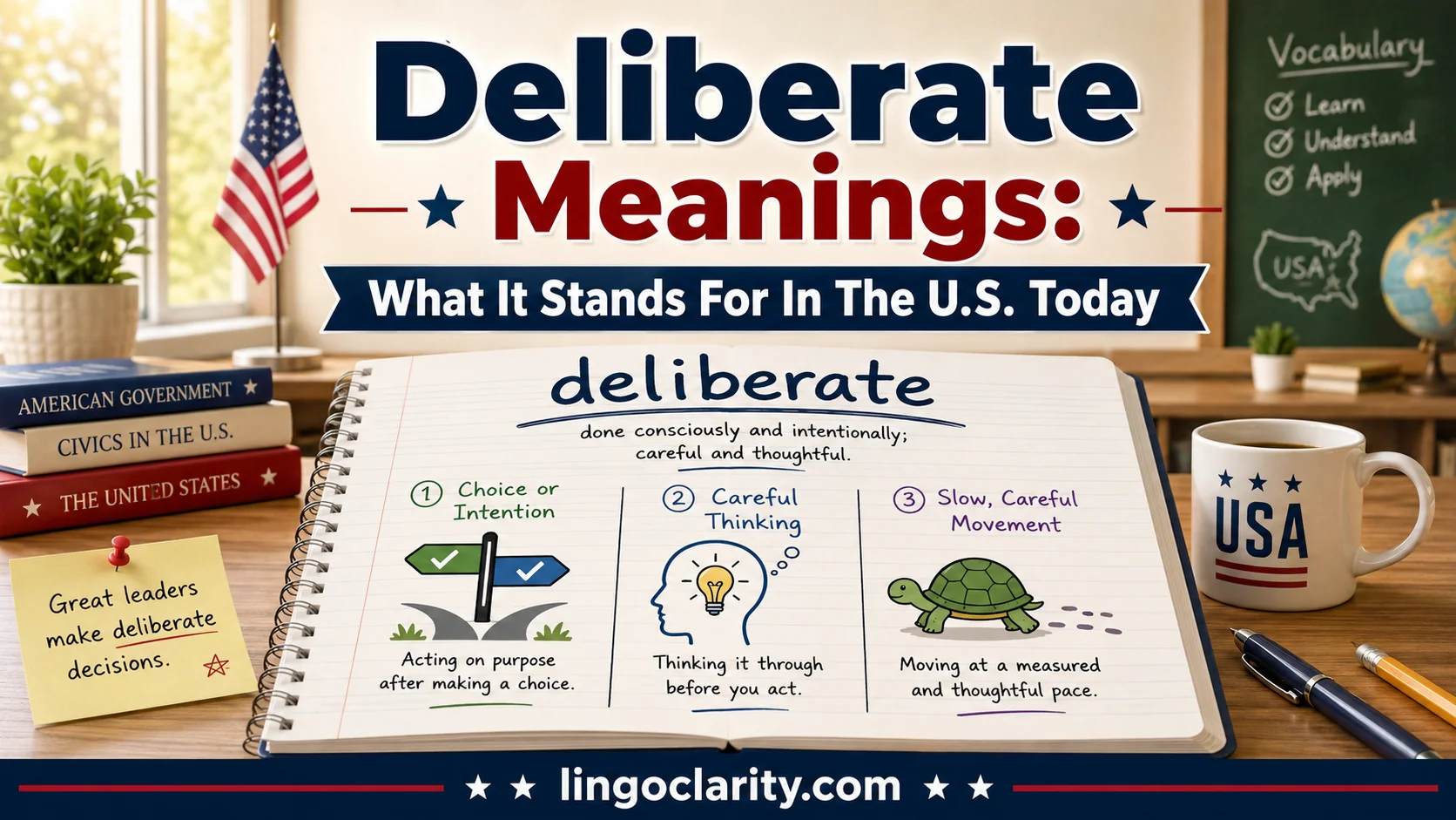 Vocabulary image explaining deliberate meaning with examples of intention, careful thought, and slow movement.