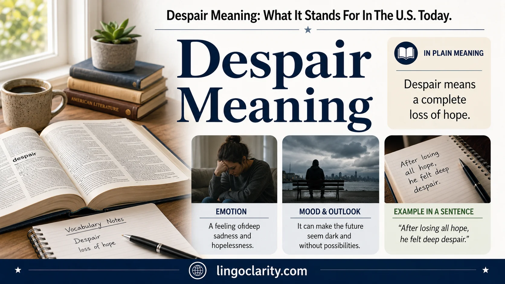 Vocabulary graphic for despair meaning with an open dictionary, calm desk, and soft light.