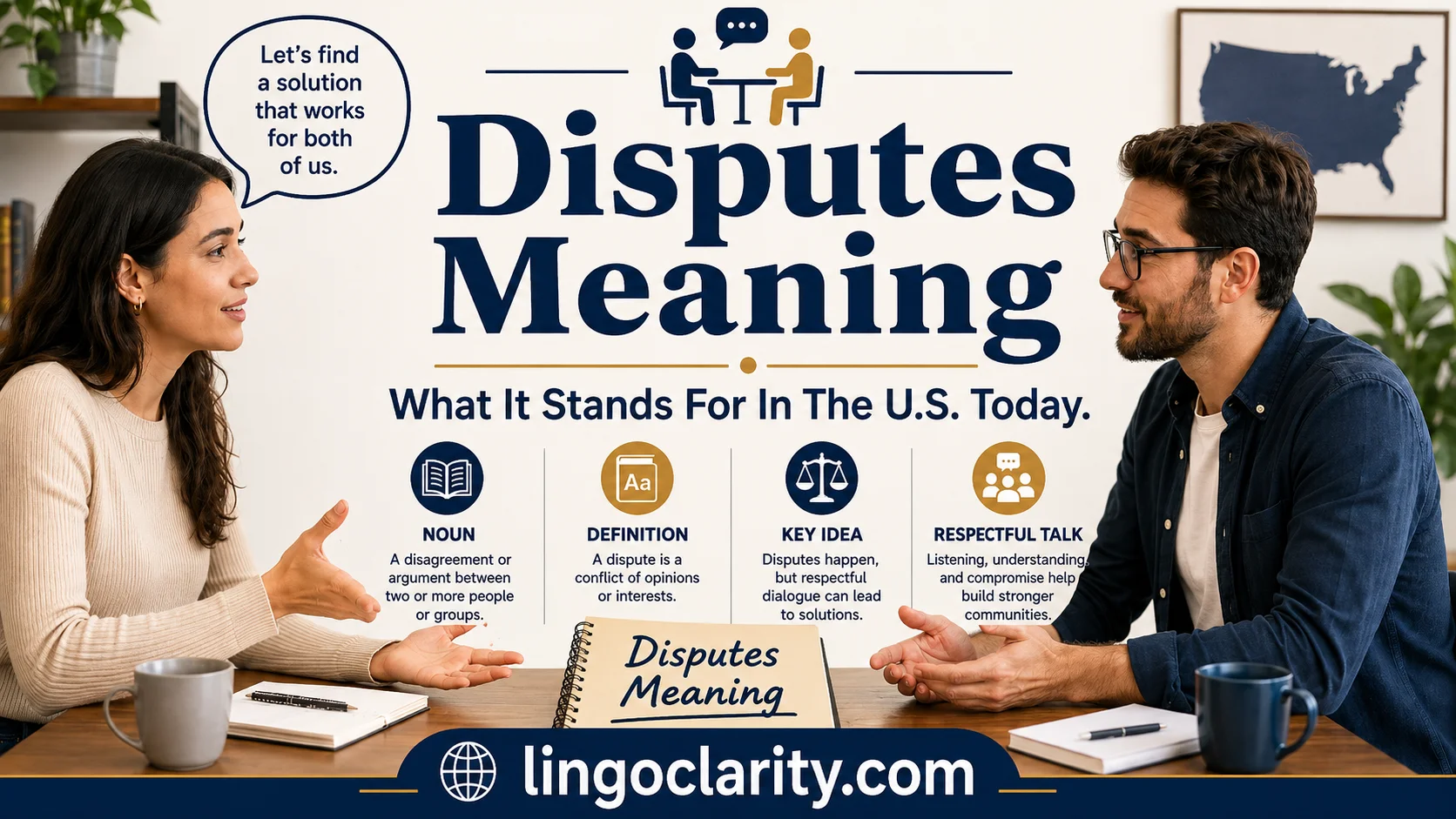 Disputes meaning vocabulary graphic showing people discussing a disagreement with dictionary-style notes.