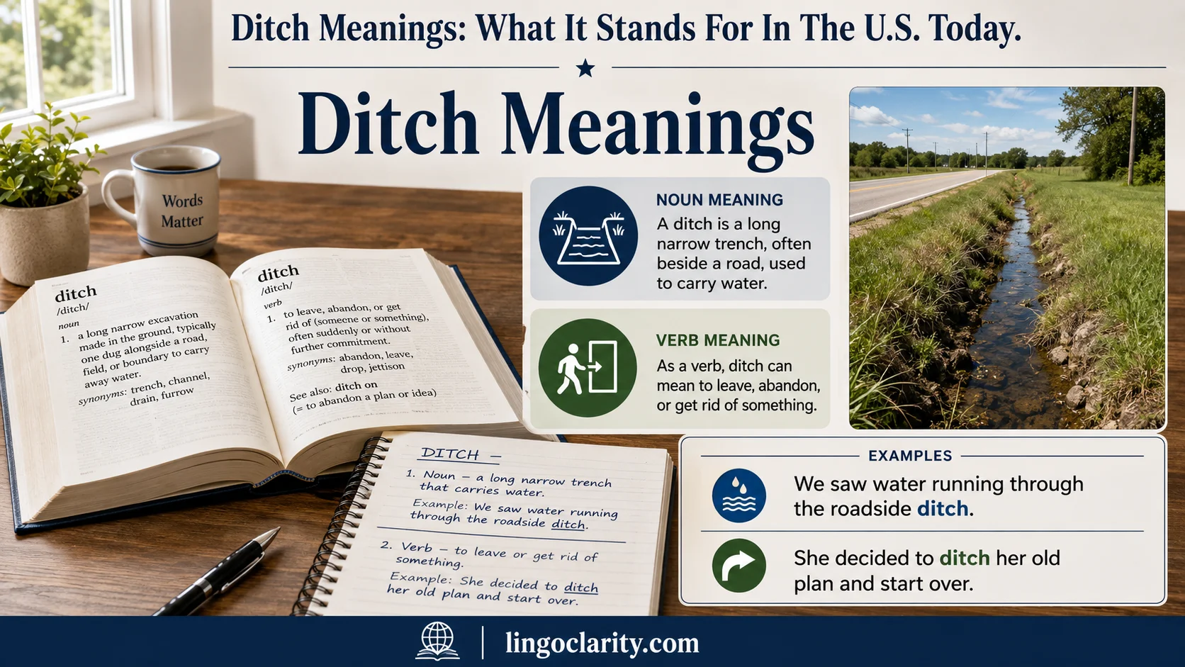 Vocabulary graphic explaining ditch meanings with a roadside ditch, open dictionary, and example notes.