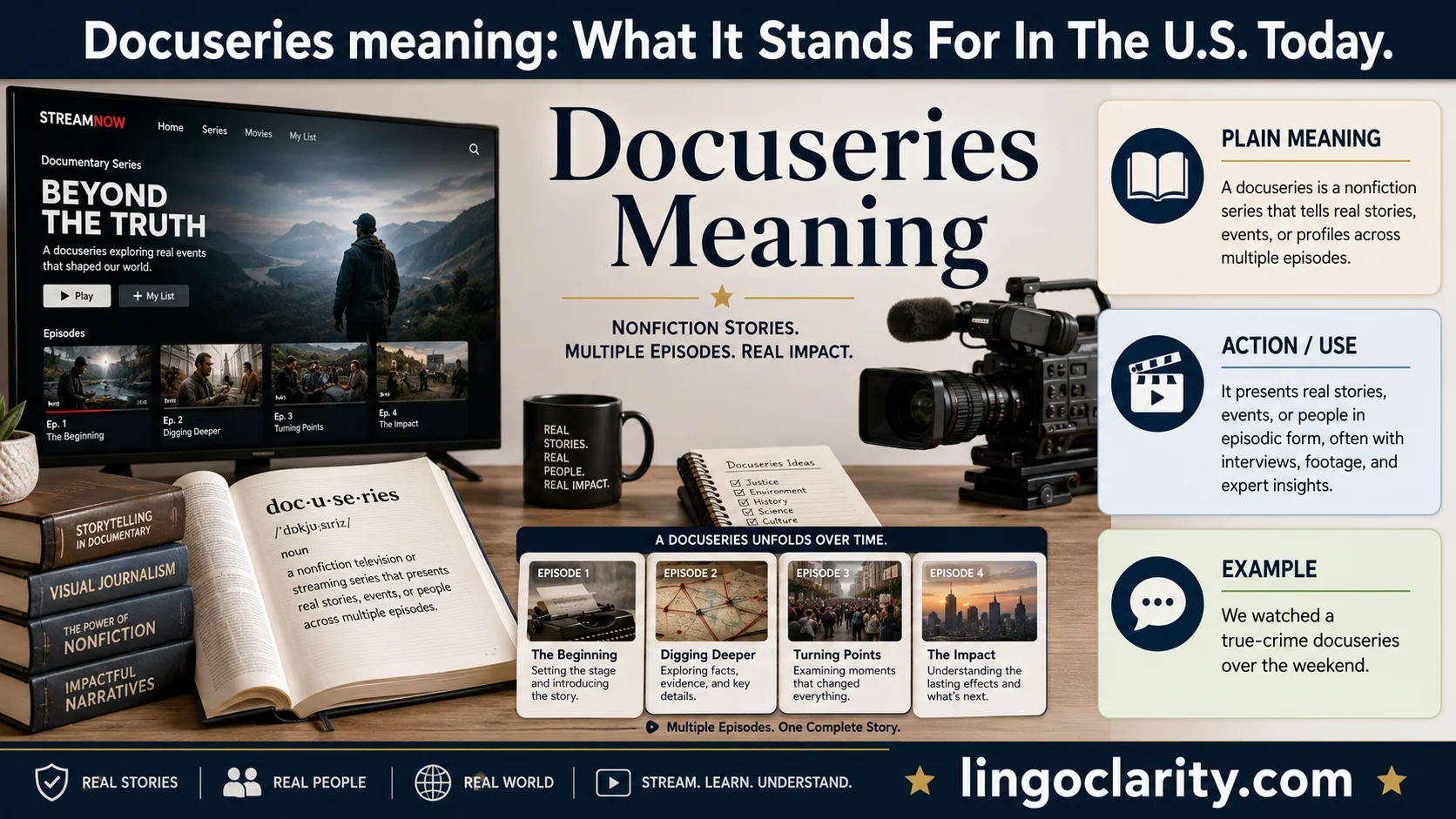 Vocabulary graphic explaining docuseries meaning with a streaming screen, documentary camera, and episode cards.