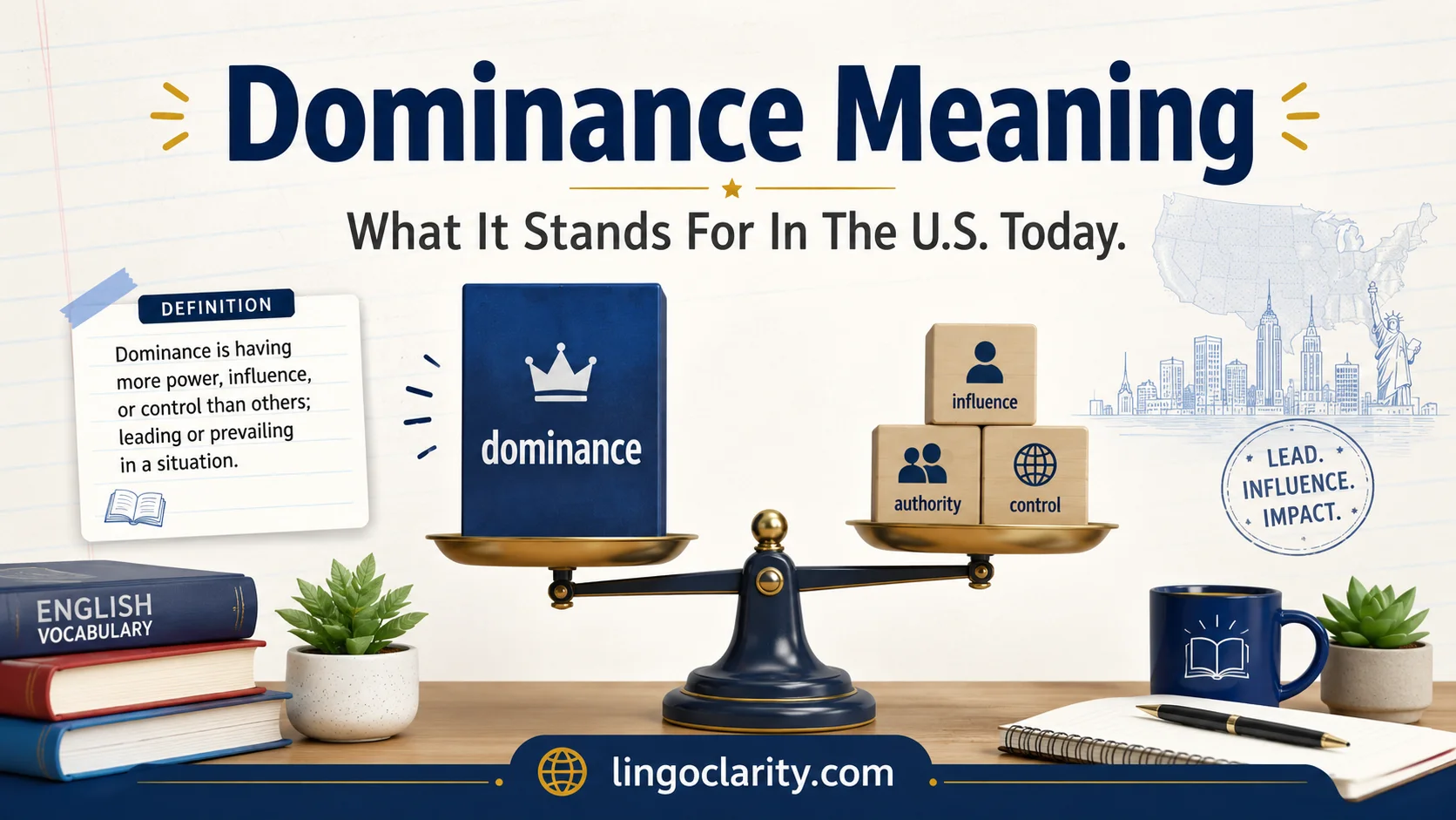 Educational image showing dominance as a stronger position through a balance scale and simple blocks.
