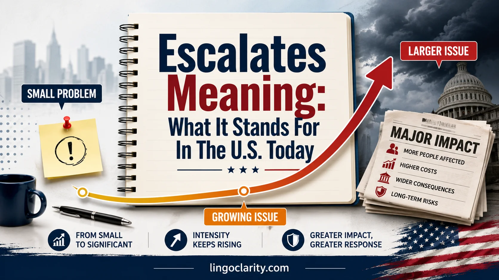 Vocabulary graphic explaining how escalates means a situation becomes greater, worse, or more serious.