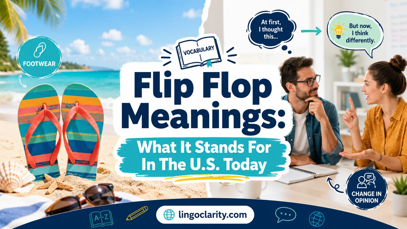Illustration showing the different meanings of flip flop in English.