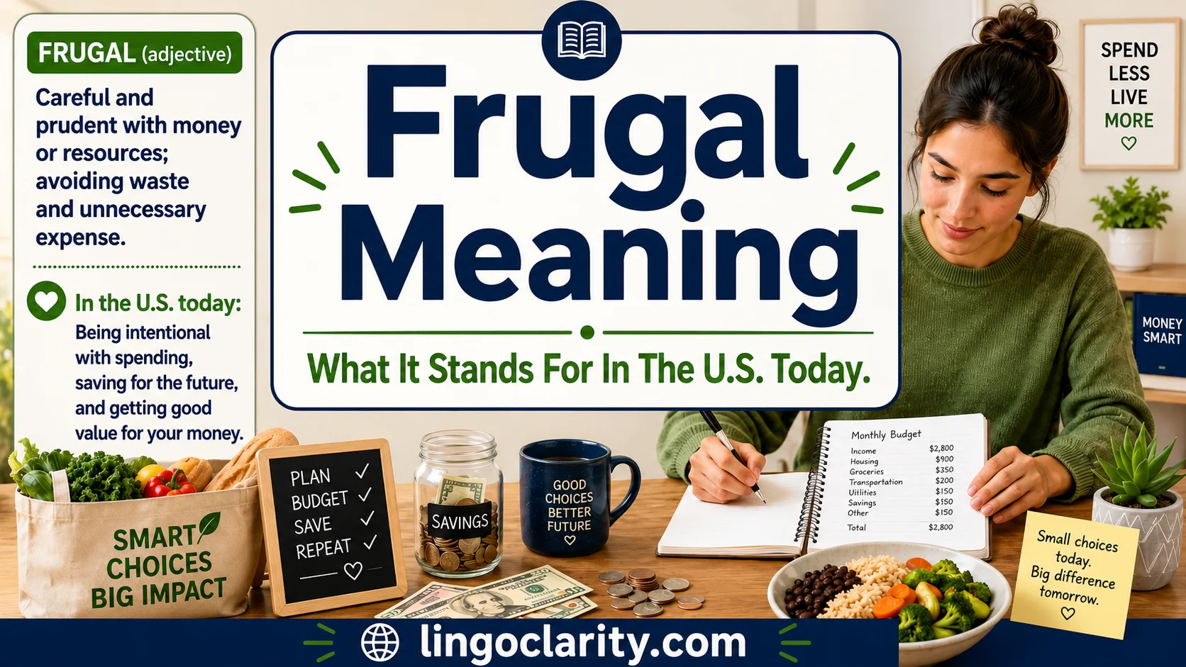 Person planning a careful budget beside groceries and a simple meal to explain frugal meaning.