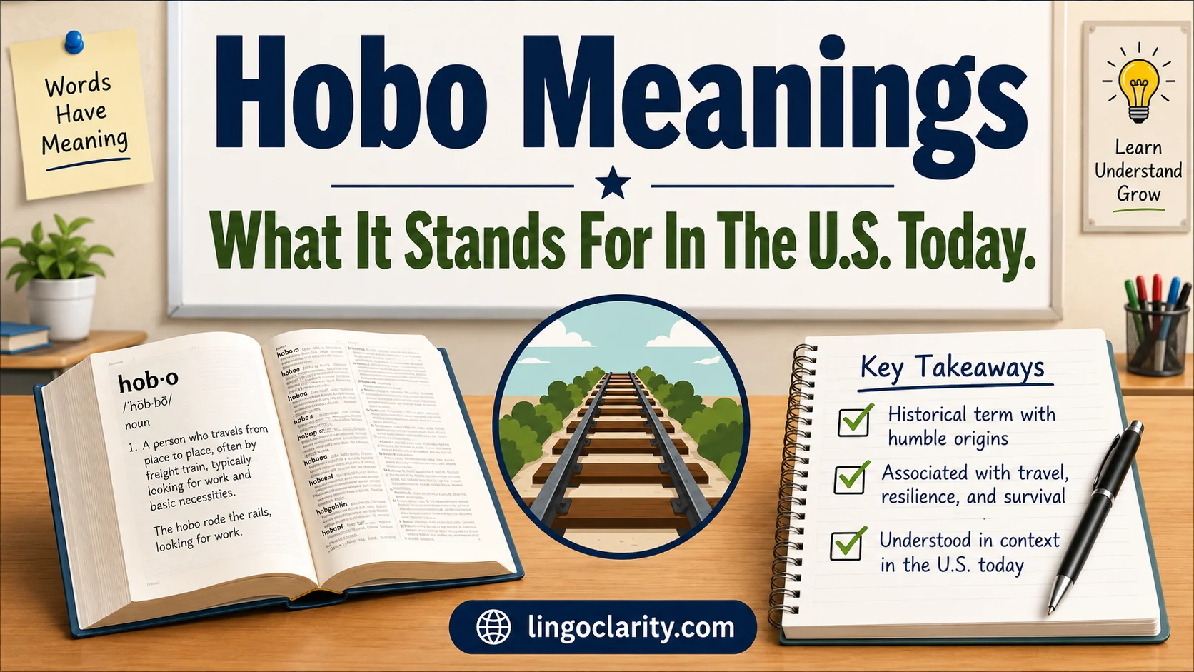 Vocabulary graphic explaining hobo meanings with a dictionary, railroad track icon, and classroom notes.