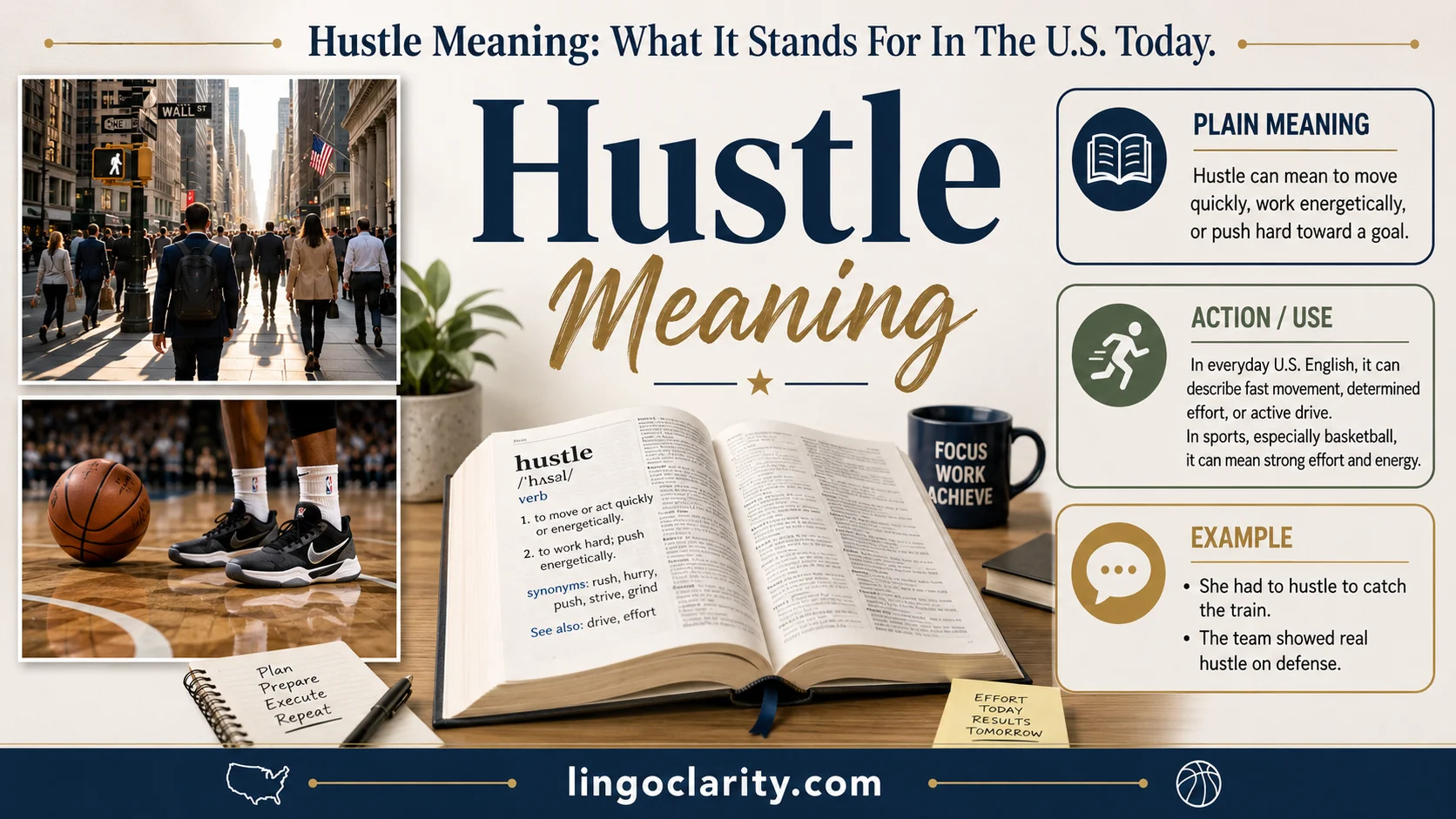 Hustle meaning explained with dictionary, city movement, sports effort, and work examples