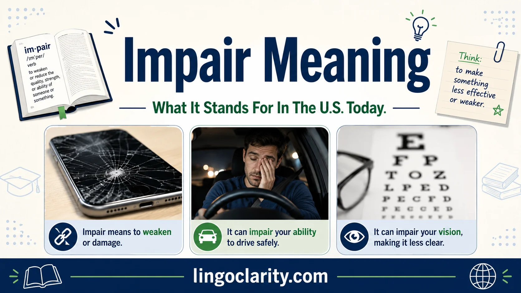 Educational graphic showing examples of things that can impair function, including vision, driving, and device use.