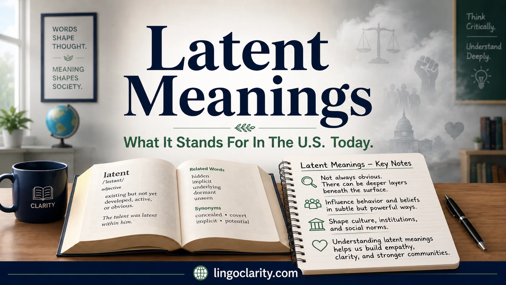 Vocabulary graphic explaining latent meanings with a dictionary, hidden shapes, and classroom notes.