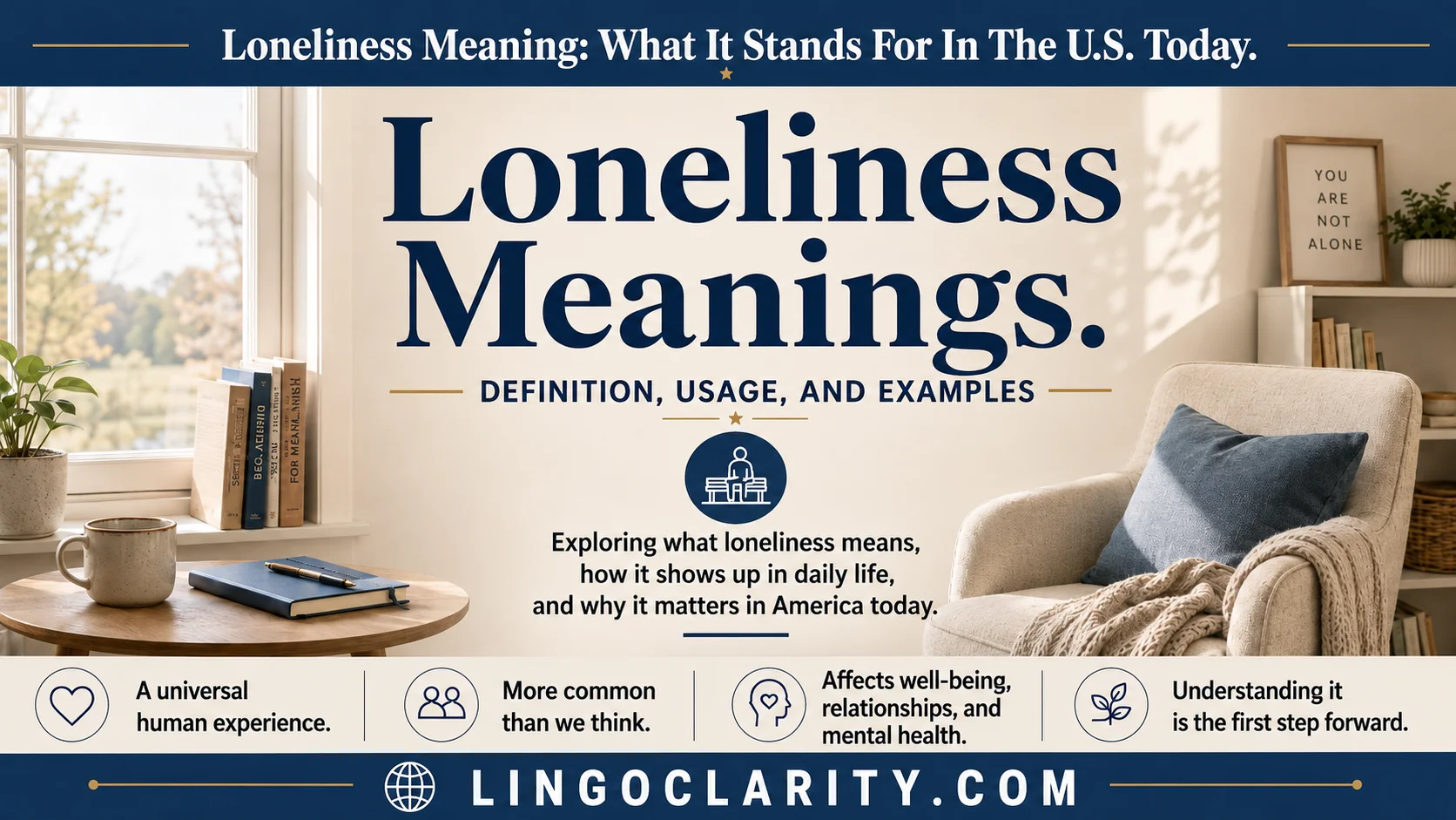 Vocabulary graphic explaining loneliness meanings with a quiet room, notebook, and soft light.