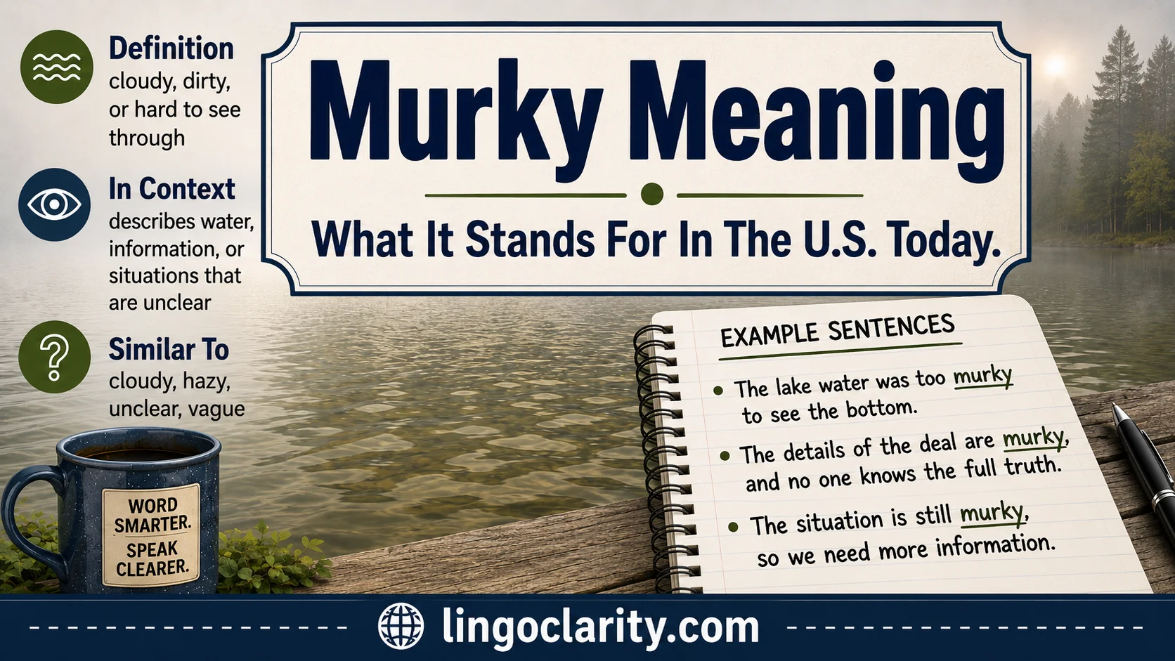 Vocabulary graphic explaining murky meaning with cloudy water, fog, and simple example notes.