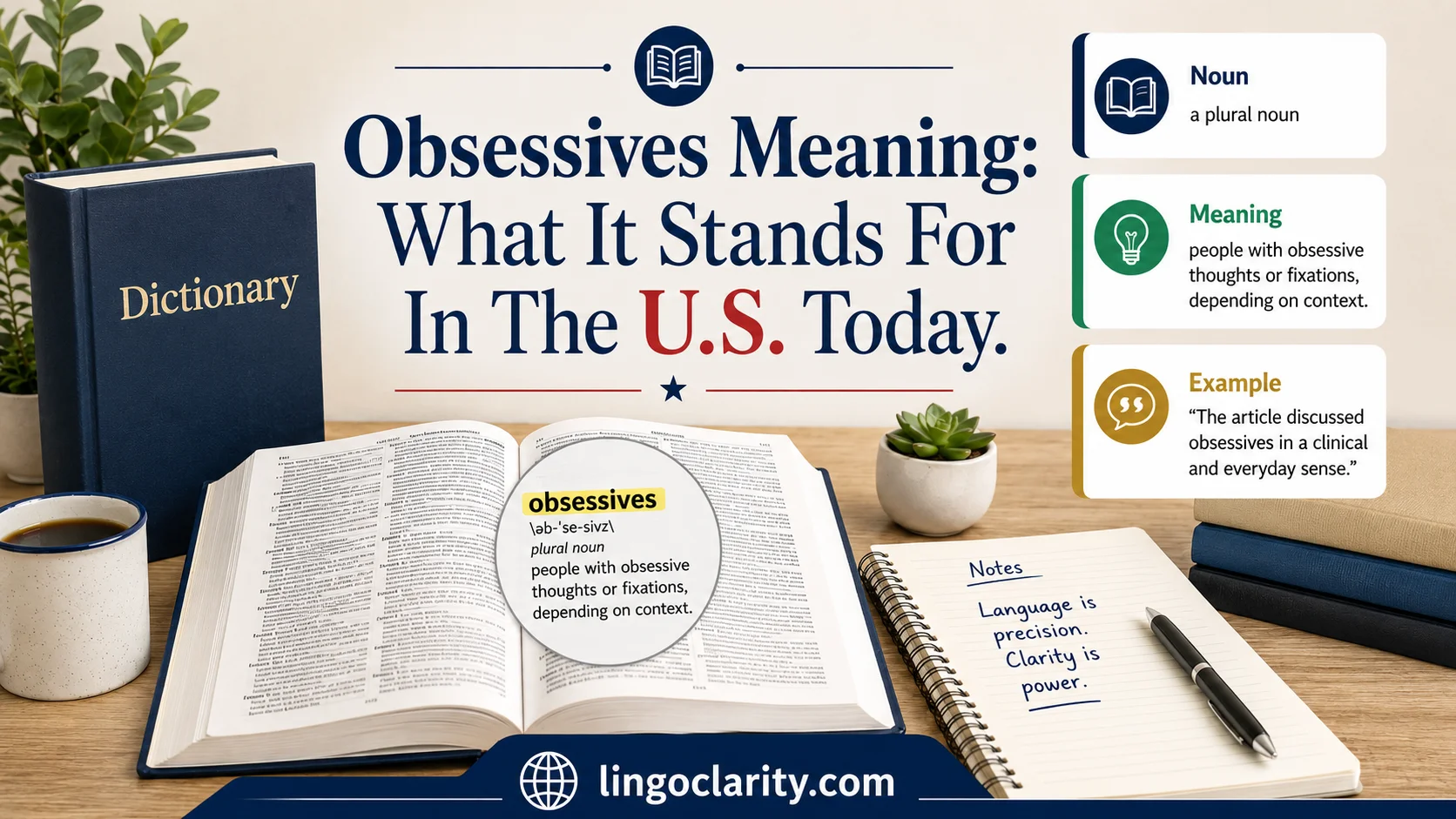 Desk scene with a dictionary and notebook explaining the word obsessives.