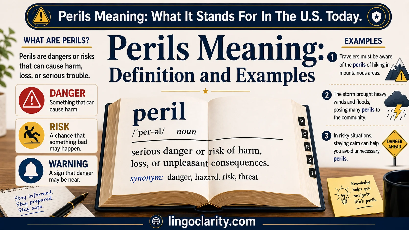 Open dictionary and notebook explaining the meaning of perils with simple danger symbols.