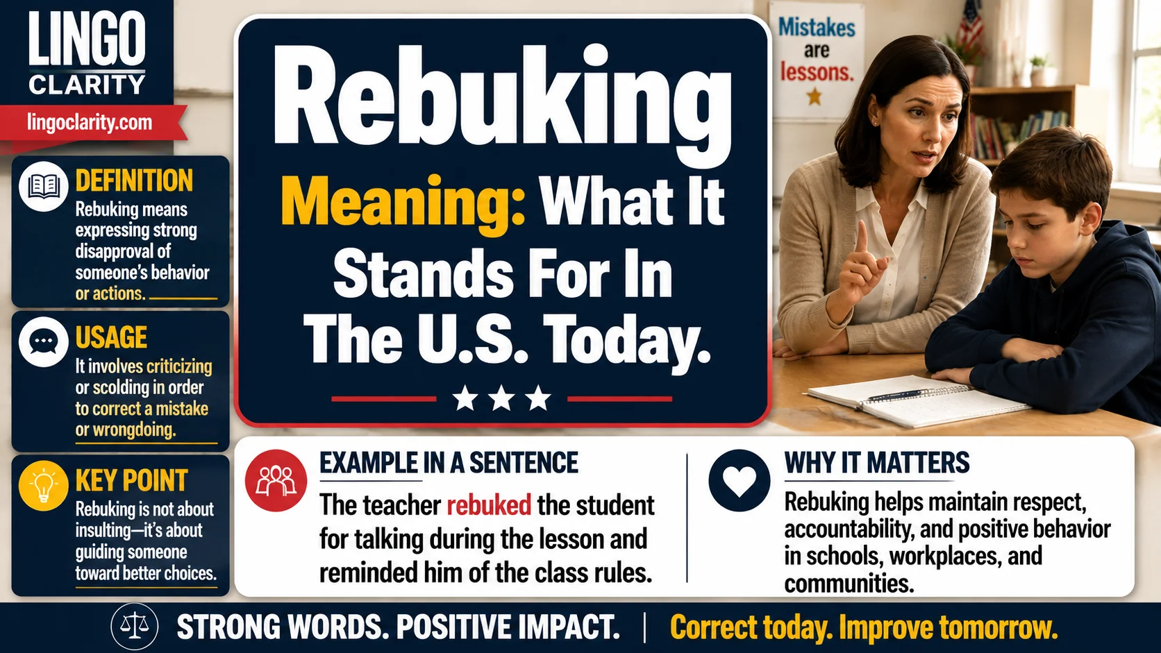 Teacher calmly correcting a student to show the meaning of rebuking in English