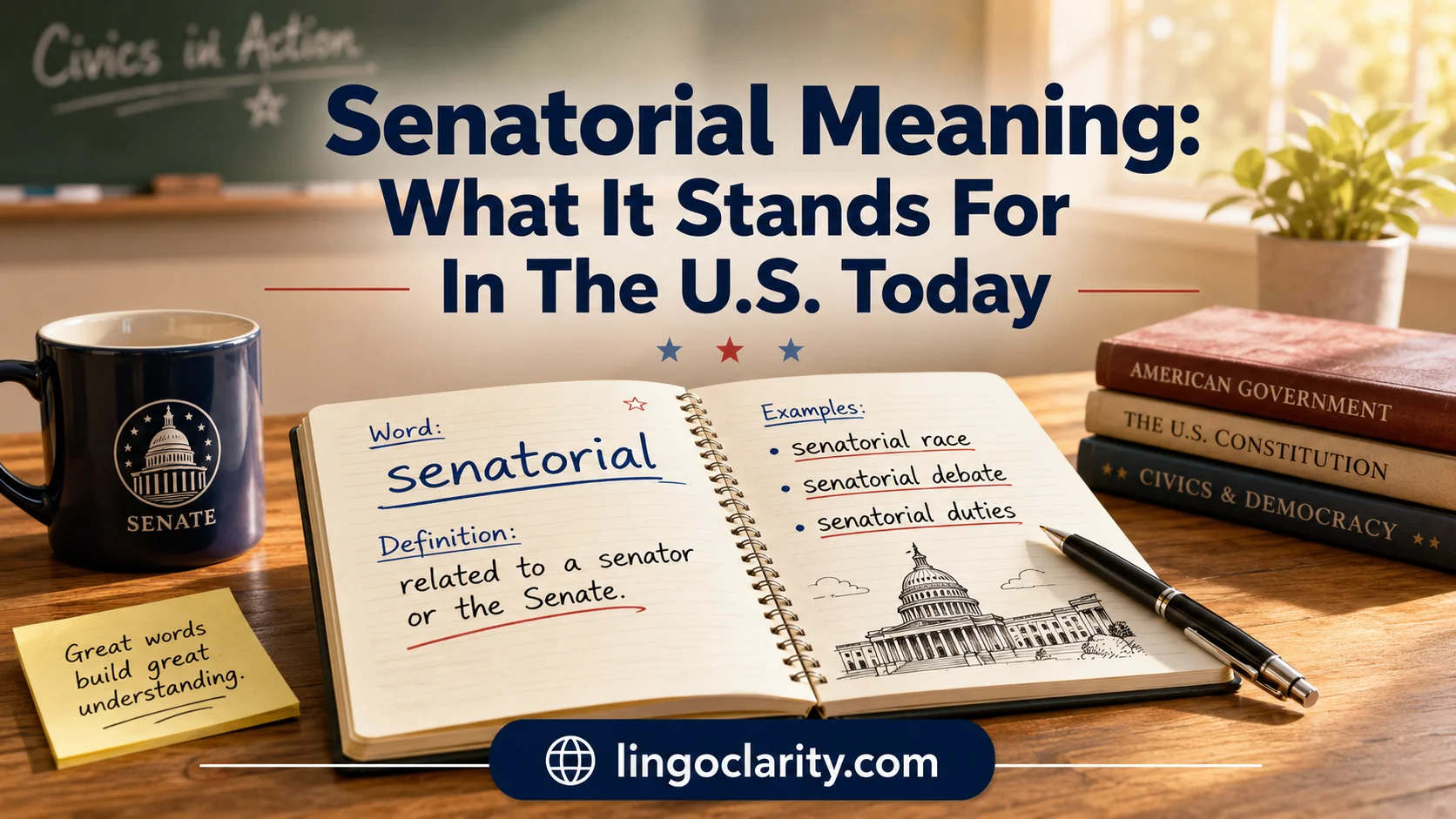 Notebook explaining senatorial meaning with Senate-related examples for English learners.