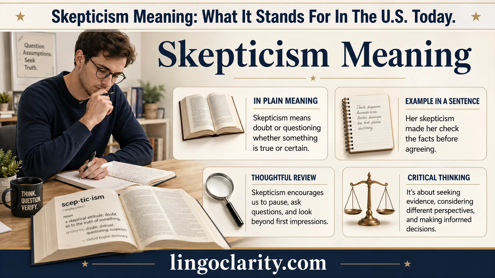 Open dictionary and notes showing the title “Skepticism Meaning” in a clean vocabulary graphic.