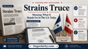 Vocabulary graphic explaining strains truce meaning with a news headline and ceasefire document.