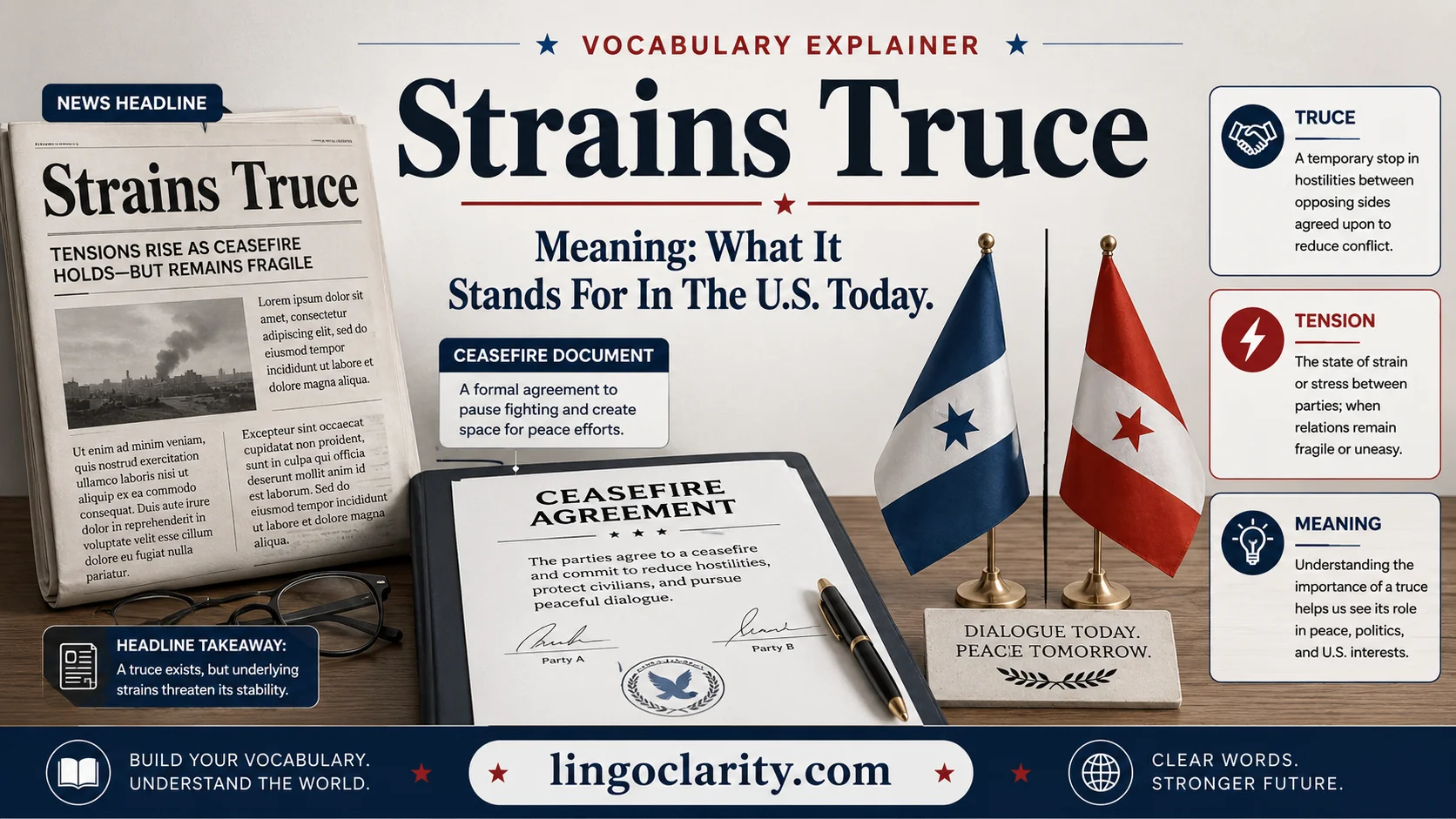 Vocabulary graphic explaining strains truce meaning with a news headline and ceasefire document.