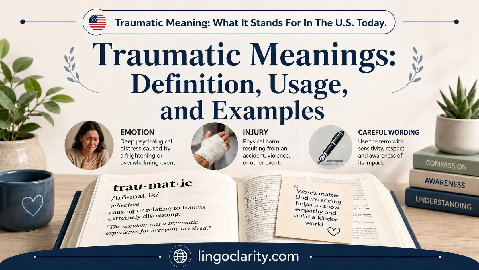 Vocabulary graphic explaining traumatic meanings with a dictionary, classroom desk, and simple context icons.