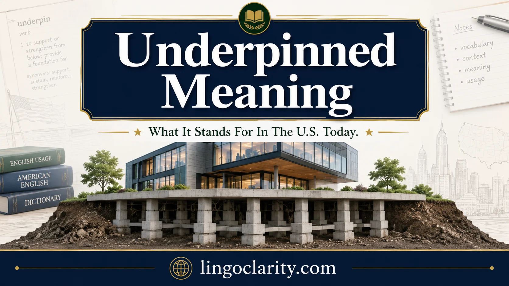Vocabulary graphic explaining underpinned meaning with a building foundation and study notes.