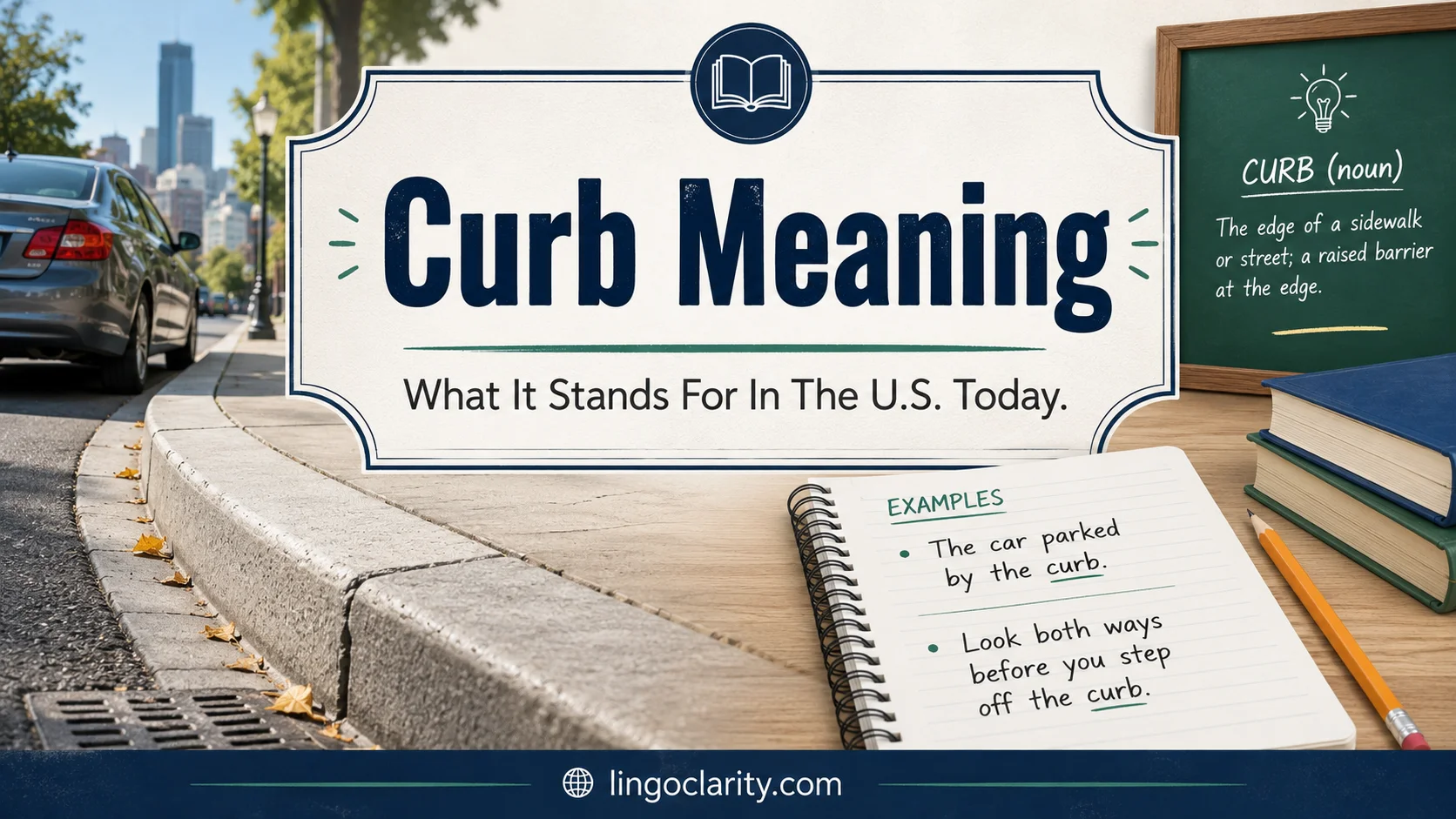 Vocabulary graphic explaining curb as a road edge and a word for control.