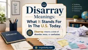 Vocabulary image explaining disarray with scattered papers and a neat notebook.