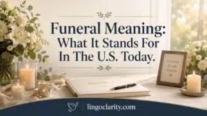 Calm memorial setting with flowers, candles, and guest book showing the meaning of funeral.