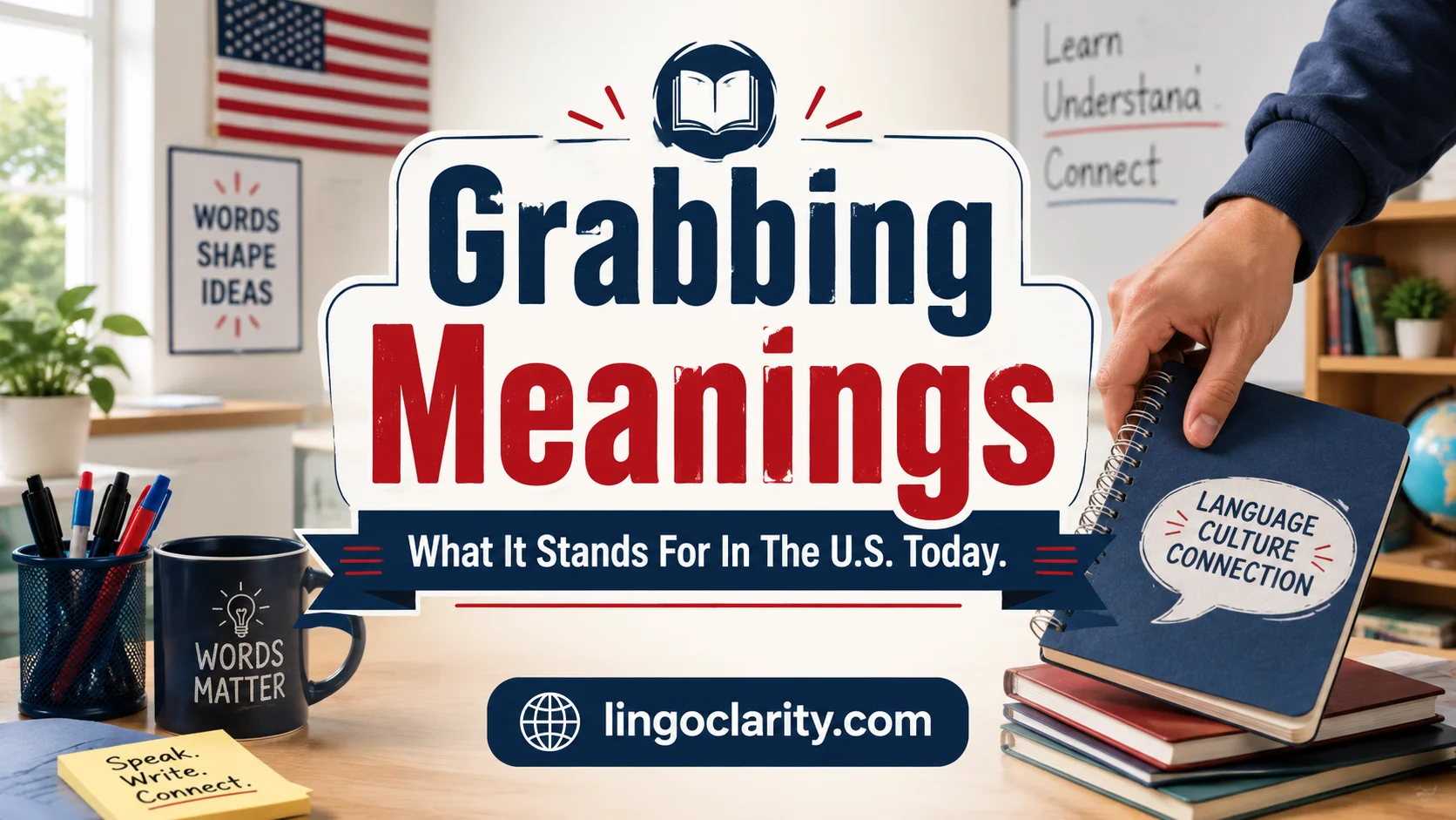 Educational image explaining grabbing meanings with a hand taking a notebook and a headline catching attention.