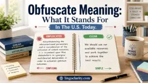 Notebook showing a confusing sentence changed into a clear one for obfuscate meaning.