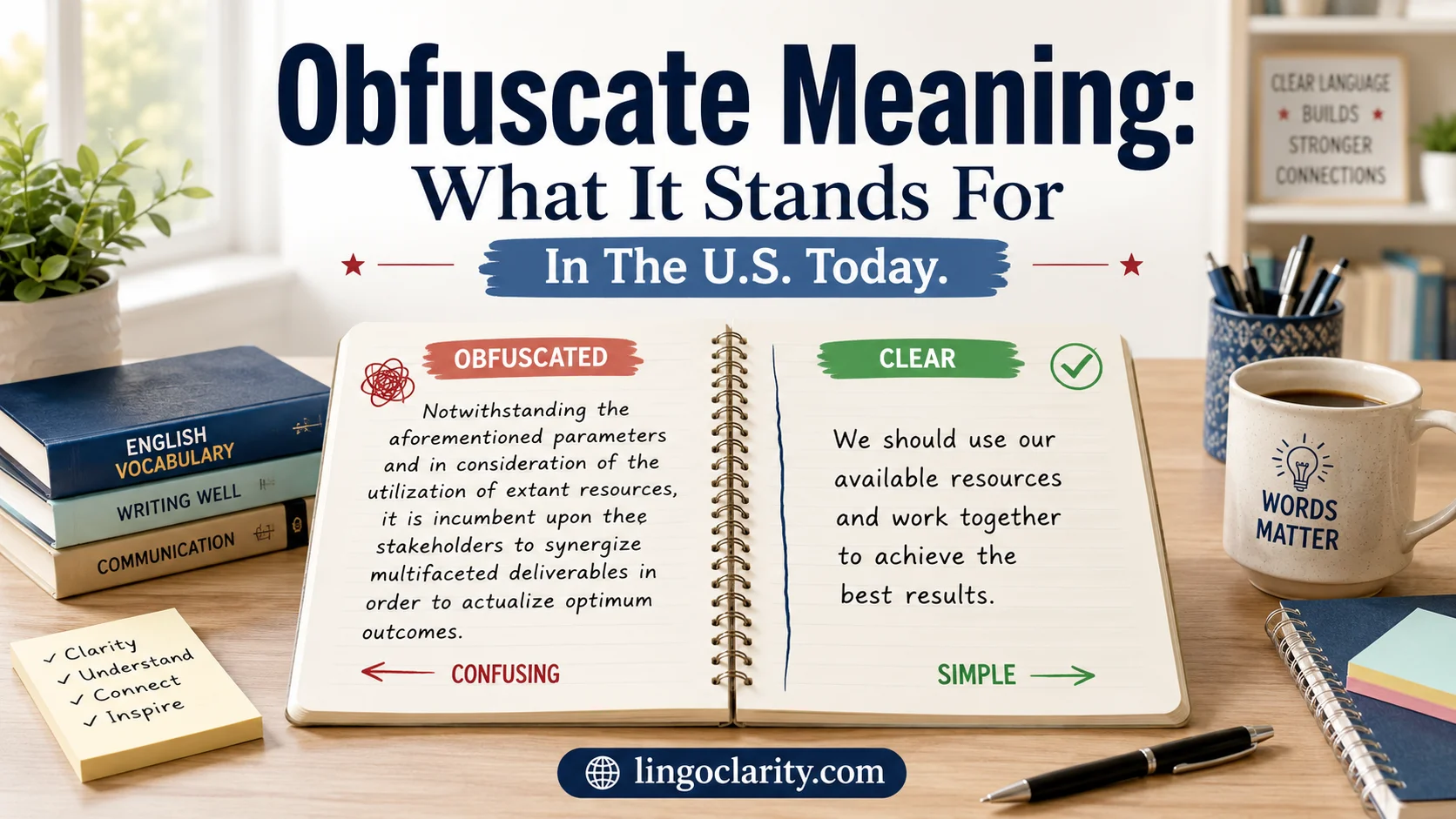 Notebook showing a confusing sentence changed into a clear one for obfuscate meaning.