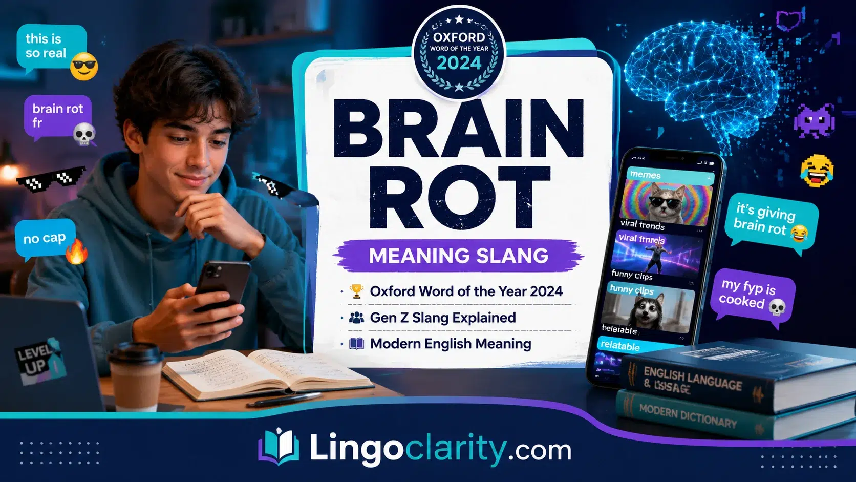 Illustration of a person scrolling social media memes, representing brain rot slang meaning